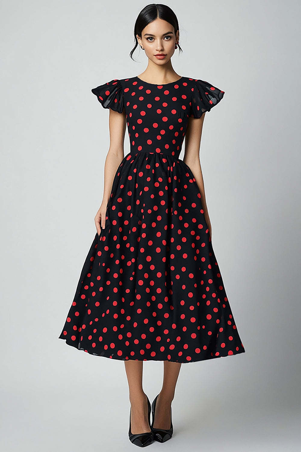 Leely Women Black and Red Satin Maxi Polka Dot Dress with Ruffles Short Sleeves Round Neck A Line Summer Dress