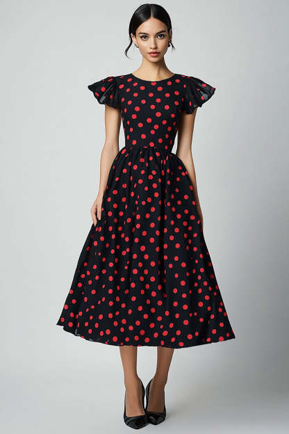 Leely Women Black and Red Satin Maxi Polka Dot Dress with Ruffles Short Sleeves Round Neck A Line Summer Dress