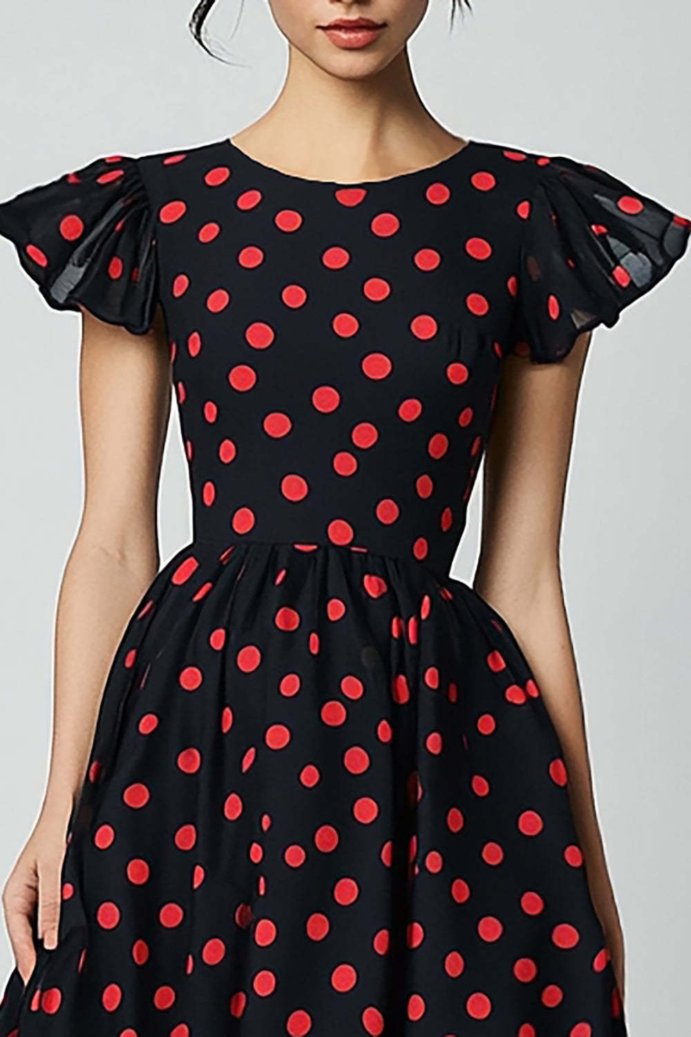 Black and Red A Line Satin Cap Sleeves Maxi Polka Dot Dress with Ruffles