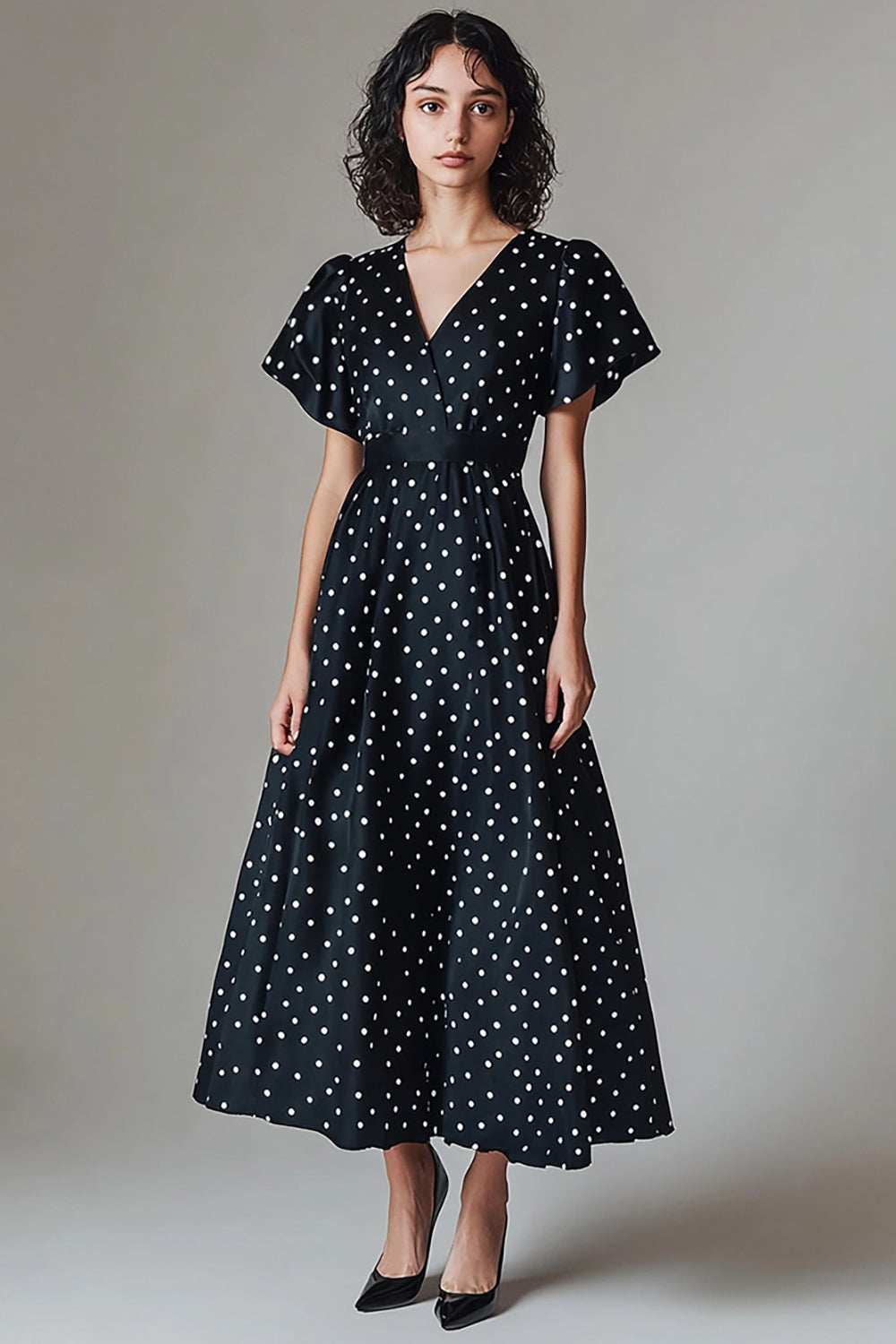 V-Neck A Line Black and White Boho Maxi Satin Polka Dot Dress