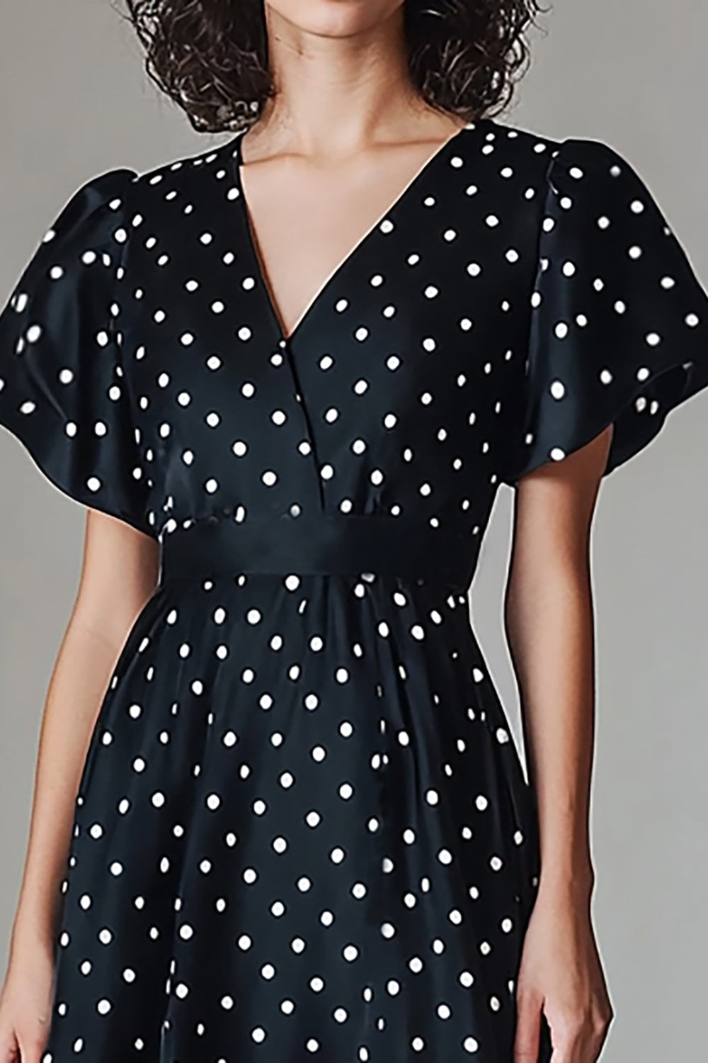 V-Neck A Line Black and White Boho Maxi Satin Polka Dot Dress