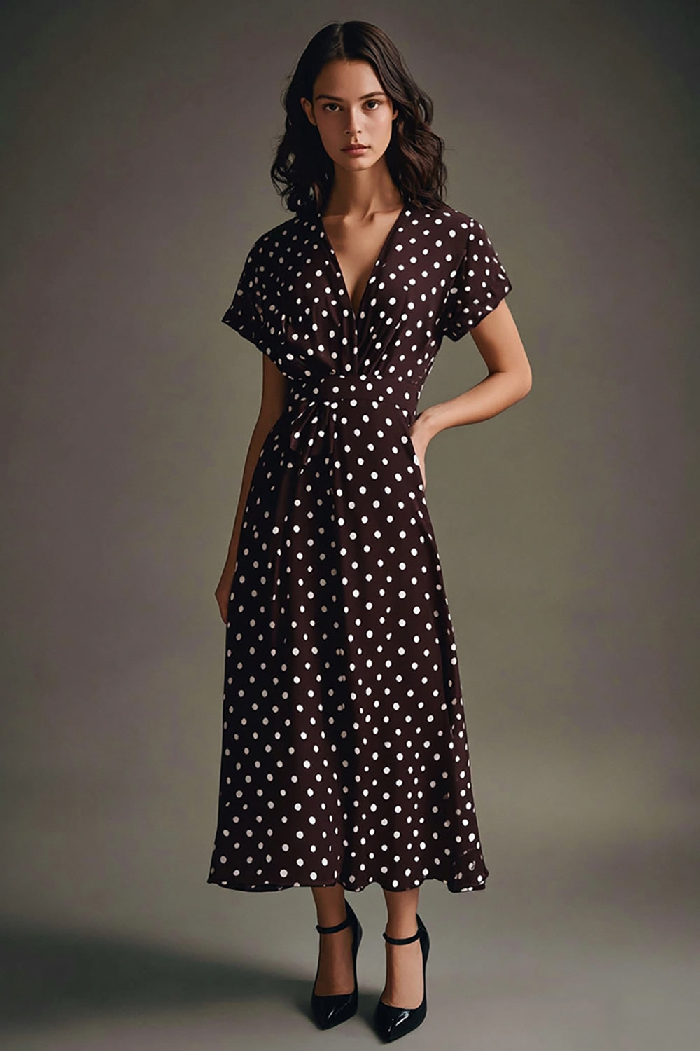 Chiffon Boho Coffee and White V-Neck Maxi Polka Dot Dress with Sleeves