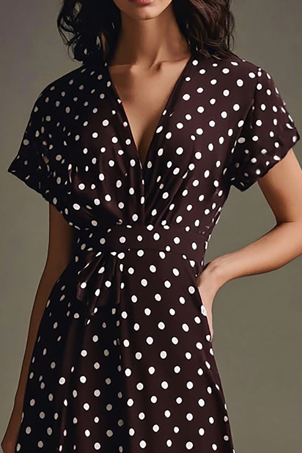 Chiffon Boho Coffee and White V-Neck Maxi Polka Dot Dress with Sleeves