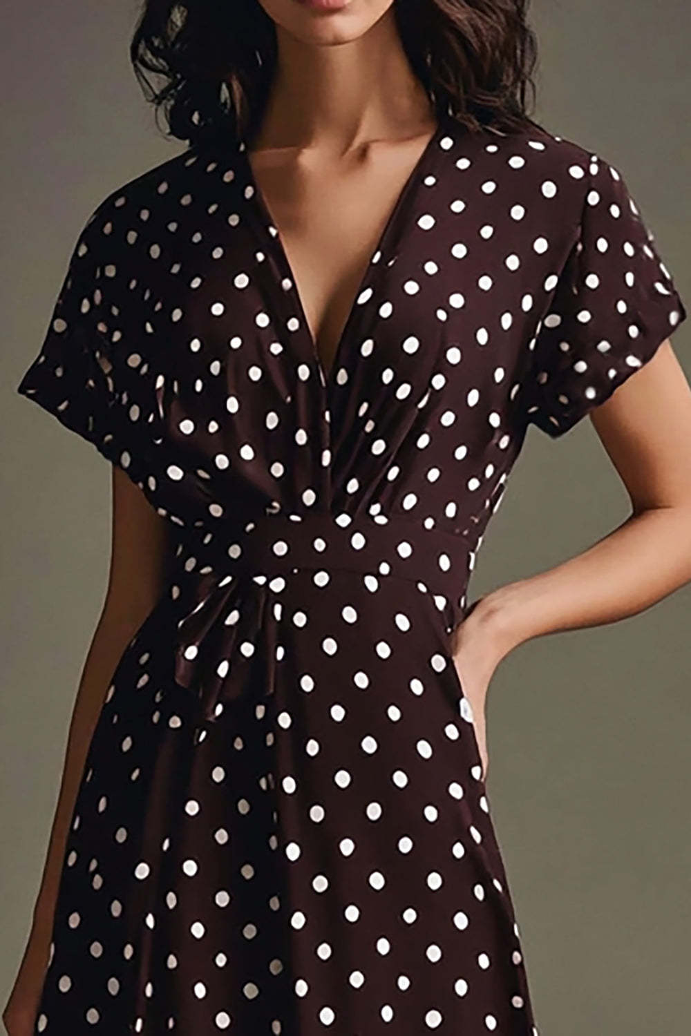 Chiffon Boho Coffee and White V-Neck Maxi Polka Dot Dress with Sleeves