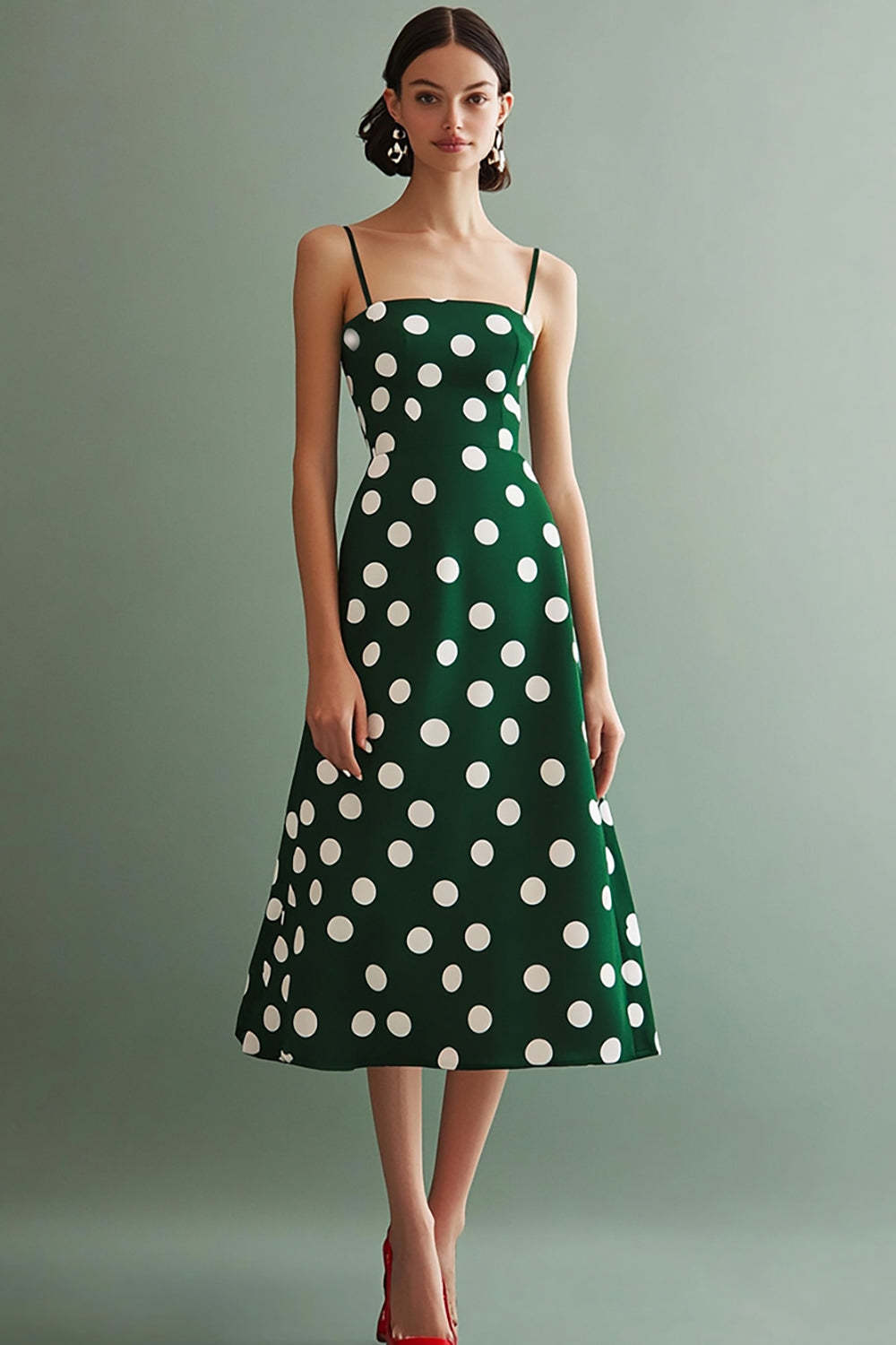 Leely Women Green and White Chiffon Midi Polka Dot Dress A Line Spaghetti Straps Boho Summer Dress