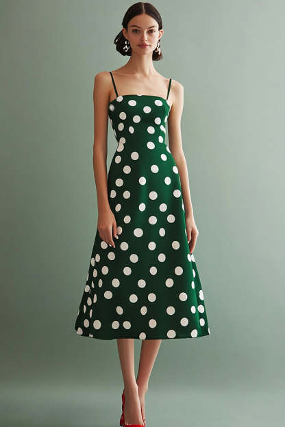 Leely Women Green and White Chiffon Midi Polka Dot Dress A Line Spaghetti Straps Boho Summer Dress