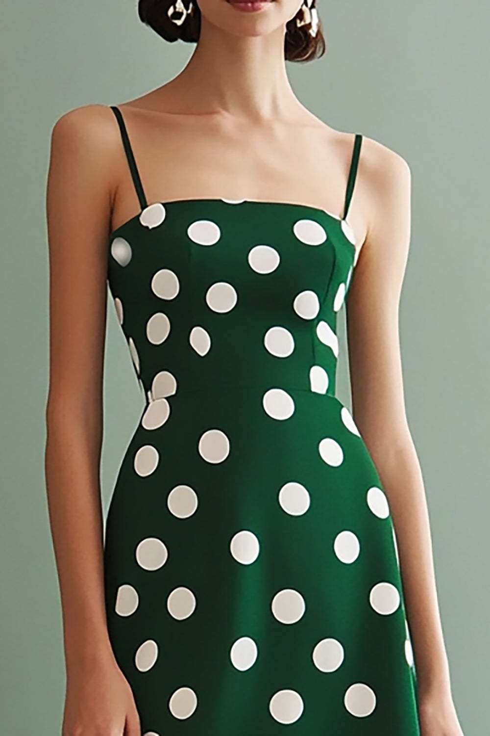Chiffon Green and White Spaghetti Straps A Line Boho Midi Polka Dot Dress