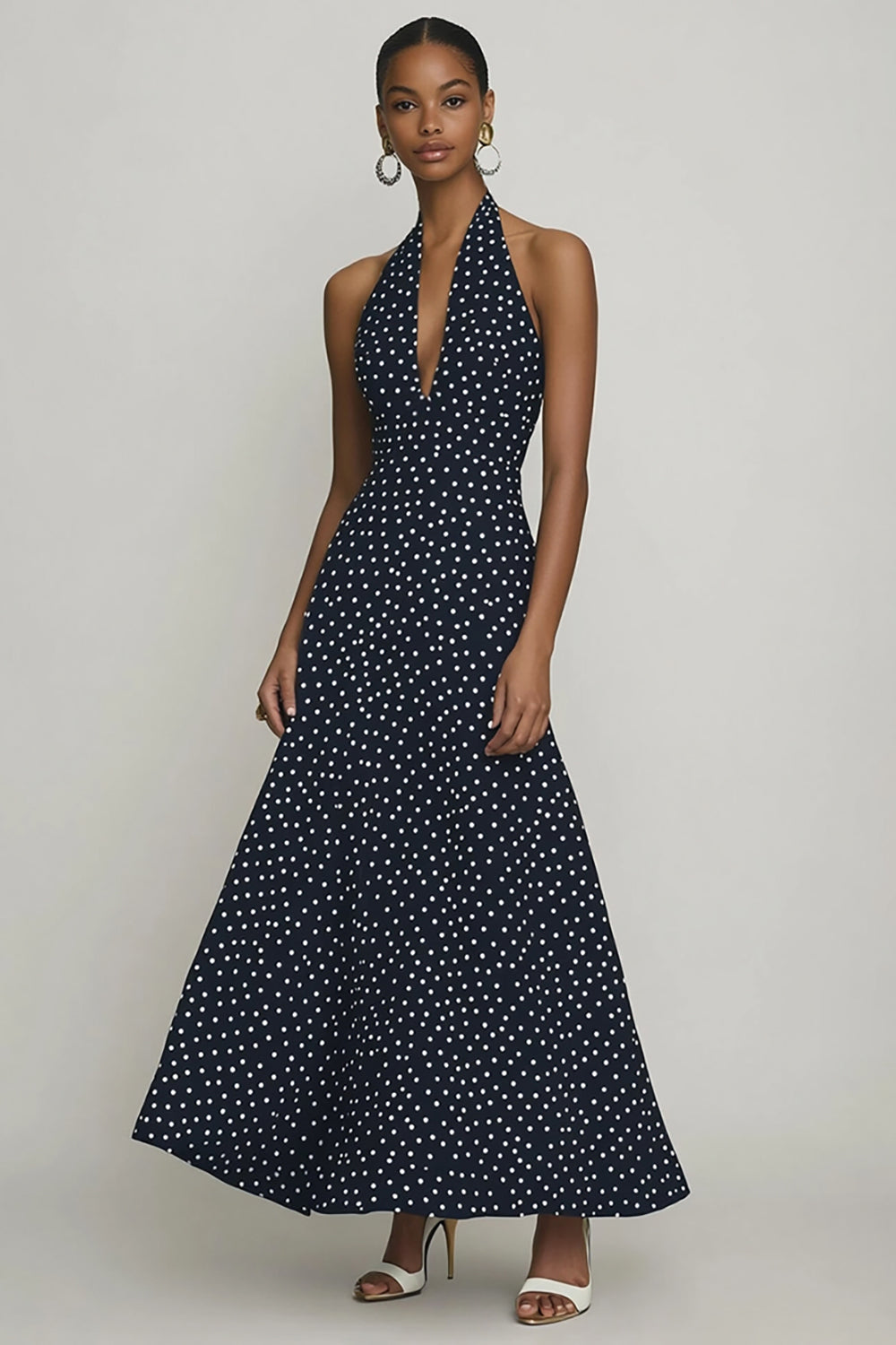 Halter Black and White Maxi Chiffon A Line Boho Polka Dot Dress