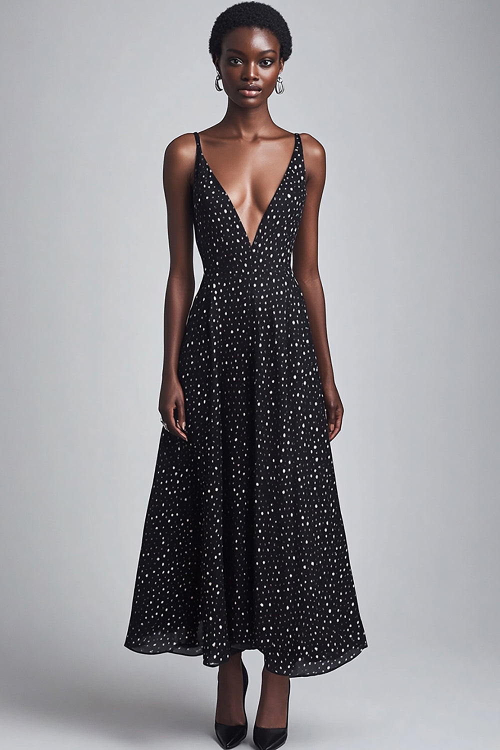 Deep V-Neck Black and White Maxi A Line Boho Chiffon Polka Dot Dress