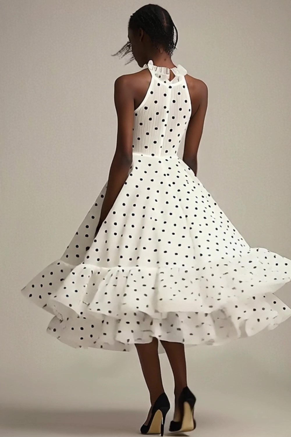 Tulle White and Black Tiered High Neck Maxi Polka Dot Dress with Ruffles