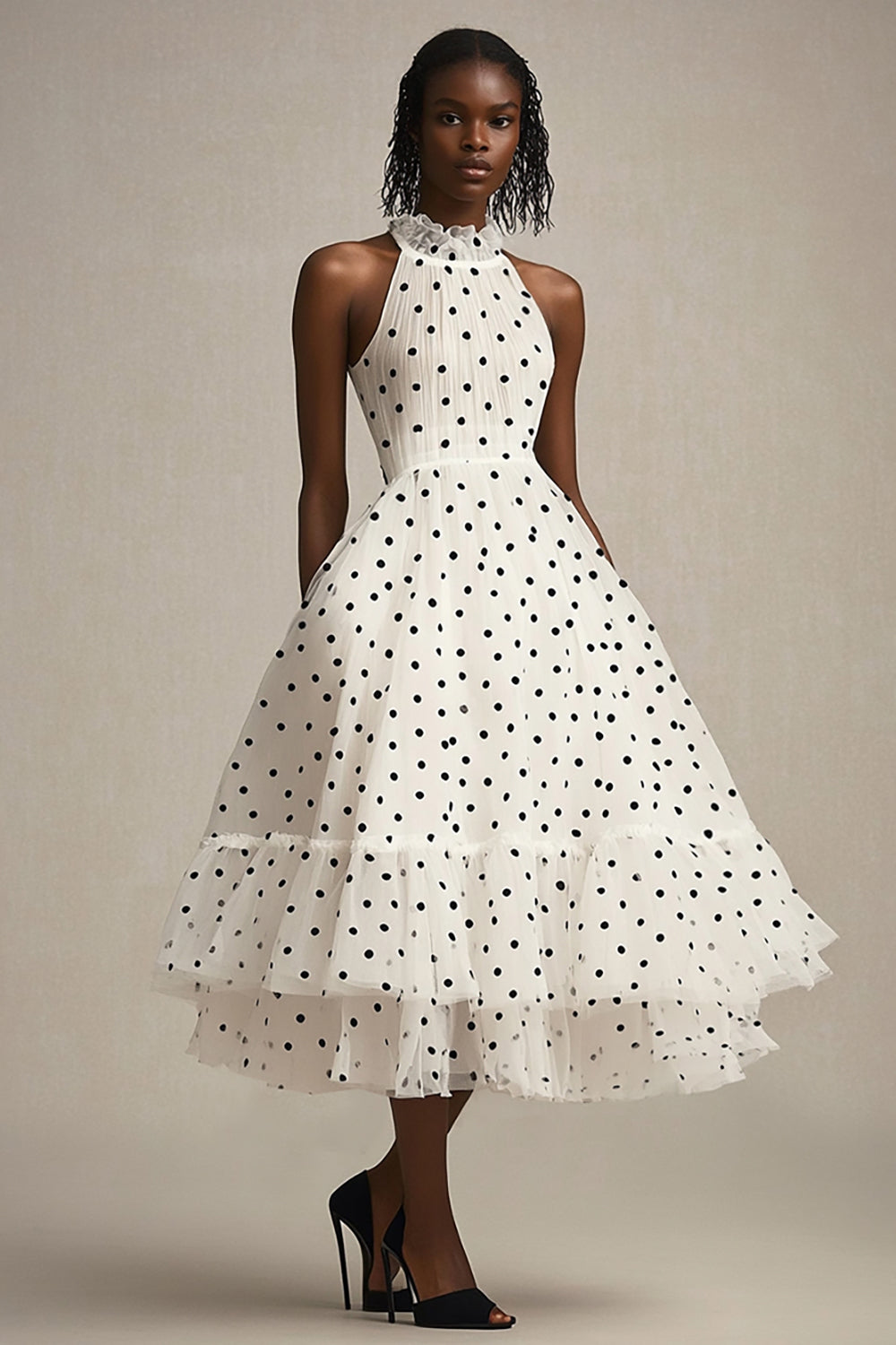 Tulle White and Black Tiered High Neck Maxi Polka Dot Dress with Ruffles