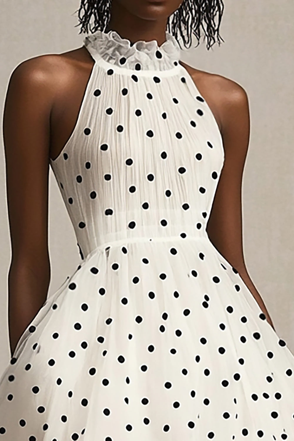 Tulle White and Black Tiered High Neck Maxi Polka Dot Dress with Ruffles