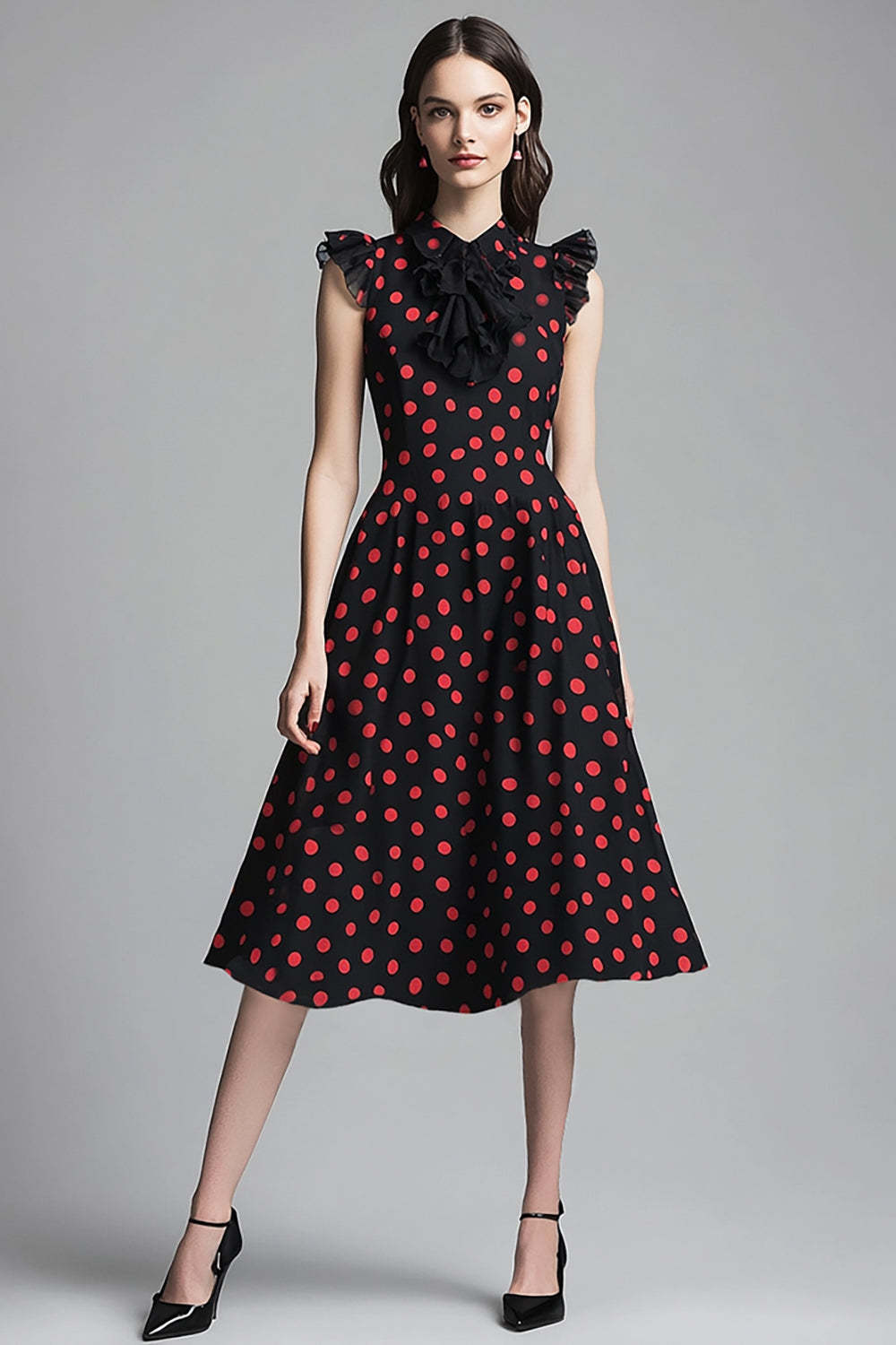 Leely Women Black and Red Chiffon Midi Polka Dot Dress with Ruffles Cap Sleeves High Neck A Line Vintage Cocktail Dress
