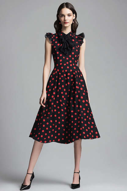 Leely Women Black and Red Chiffon Midi Polka Dot Dress with Ruffles Cap Sleeves High Neck A Line Vintage Cocktail Dress