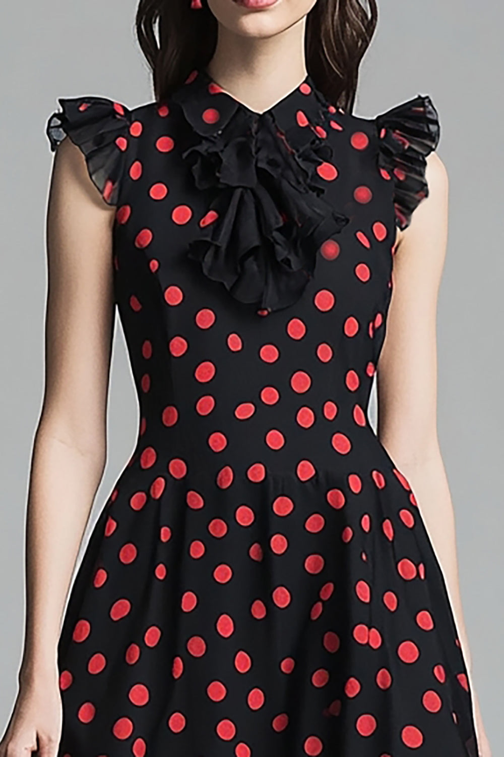 Chiffon A Line Black and Red High Neck Midi Polka Dot Dress with Ruffles
