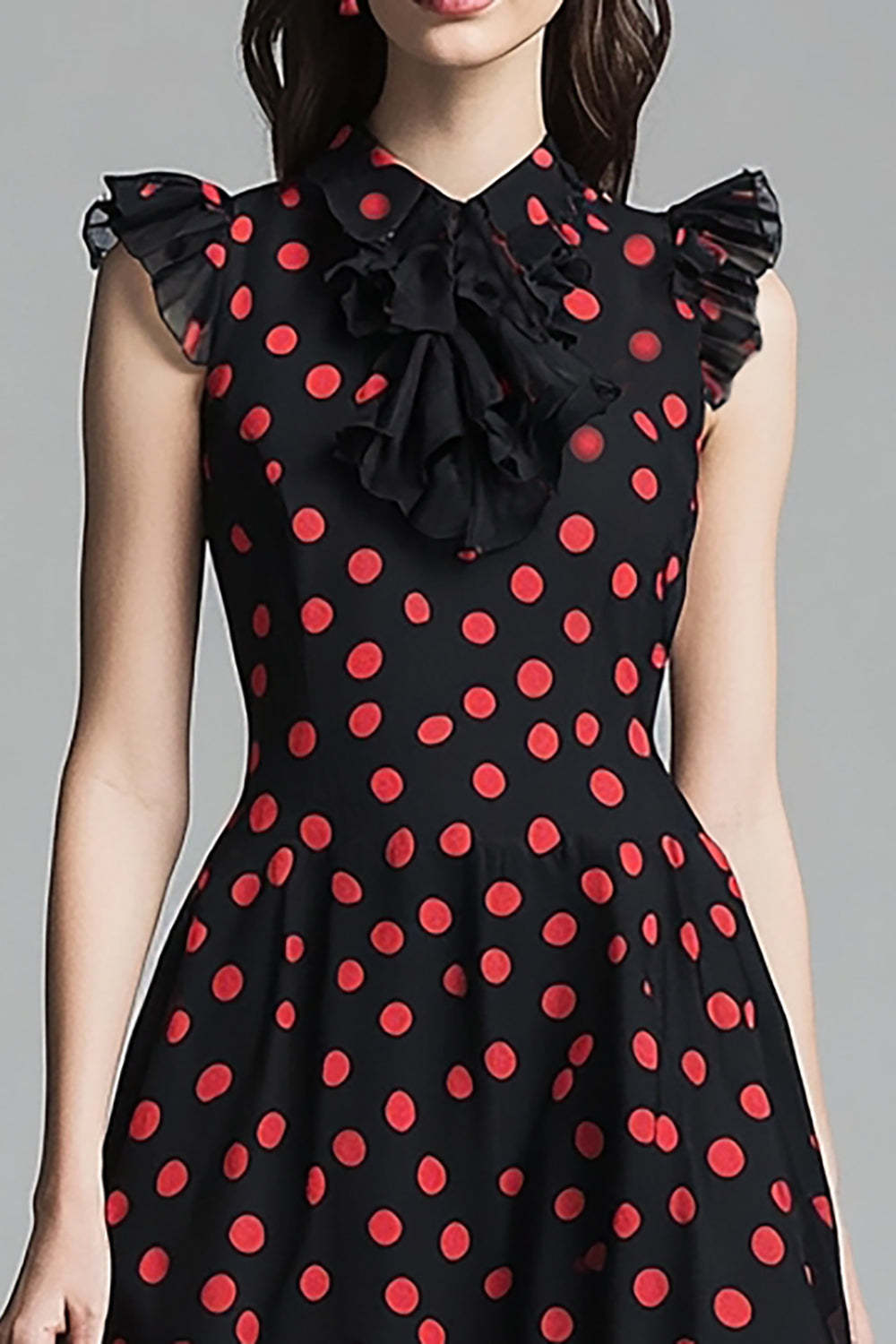 Chiffon A Line Black and Red High Neck Midi Polka Dot Dress with Ruffles