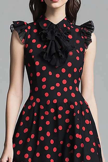 Chiffon A Line Black and Red High Neck Midi Polka Dot Dress with Ruffles