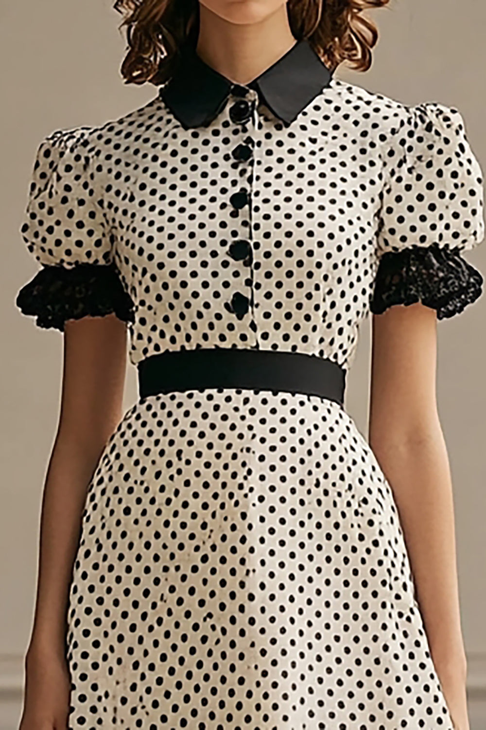 Chiffon Short Sleeves A Line Black and White Midi Polka Dot Dress with Ruffles