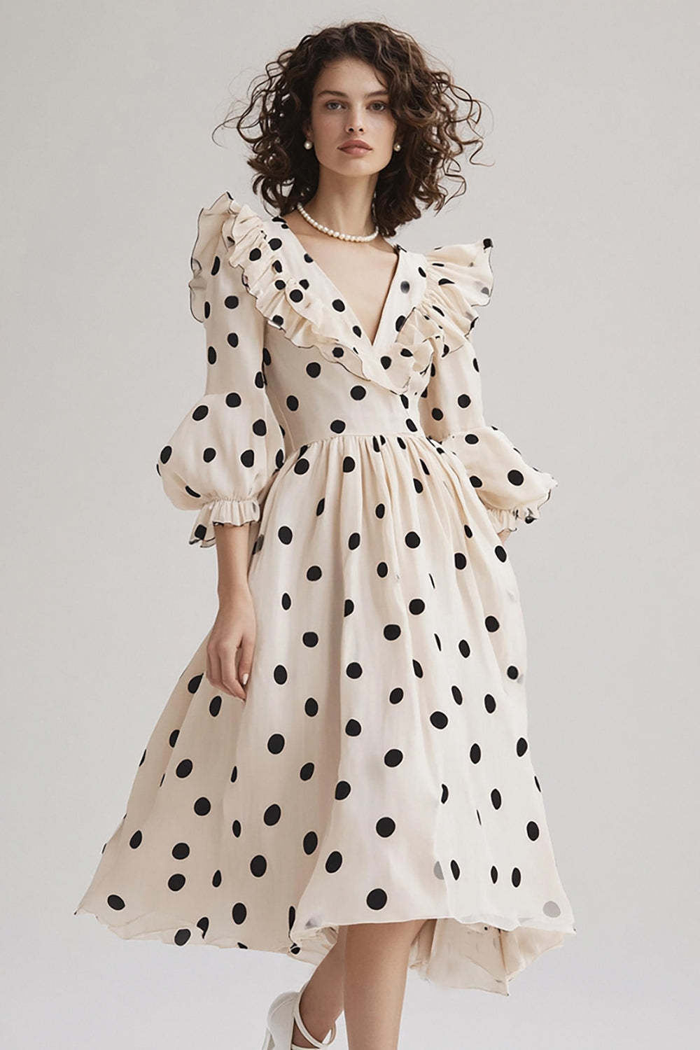 Leely Women Black and White Chiffon Midi Boho Polka Dot Dress with Ruffles V-Neck A Line 3/4 Sleeves Summer Dress