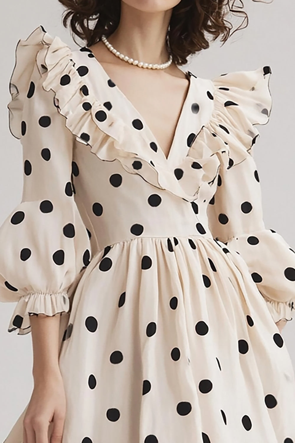 Chiffon V-Neck Black and White Boho Midi Polka Dot Dress with Ruffles