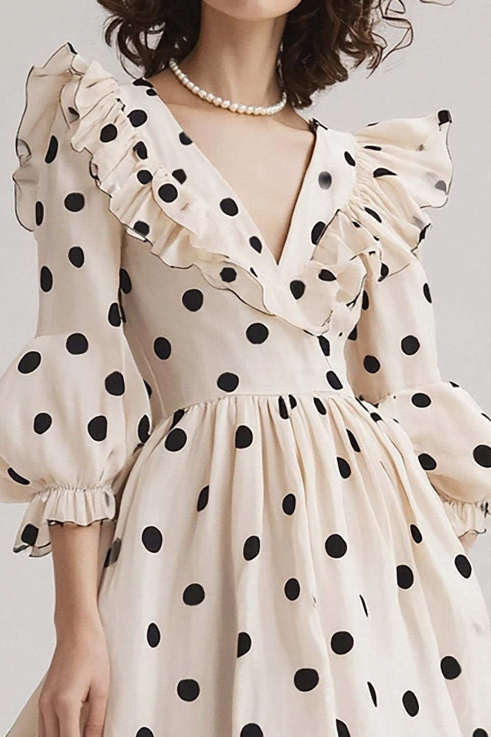 Chiffon V-Neck Black and White Boho Midi Polka Dot Dress with Ruffles