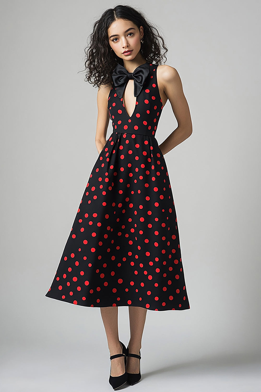 Satin A Line Black and Red Midi Polka Dot Dress with Bow