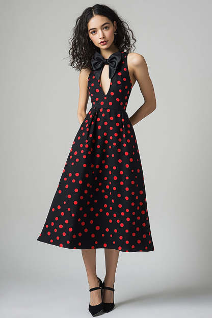 Leely Women Black and Red Satin Midi Polka Dot Dress with Bow A Line Halter Vintage Party Dress