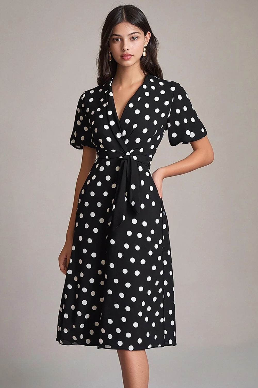 Satin Black and White A Line Midi Polka Dot Dress with Sleeves