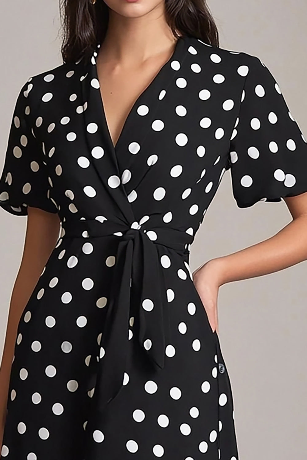 Satin Black and White A Line Midi Polka Dot Dress with Sleeves