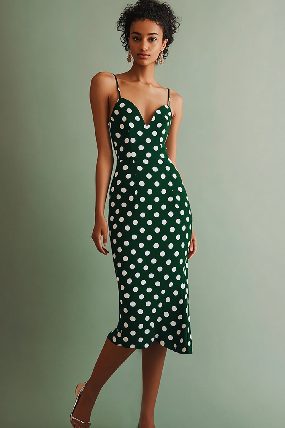 Boho Chiffon Green and White Bodycon Spaghetti Straps Midi Polka Dot Dress
