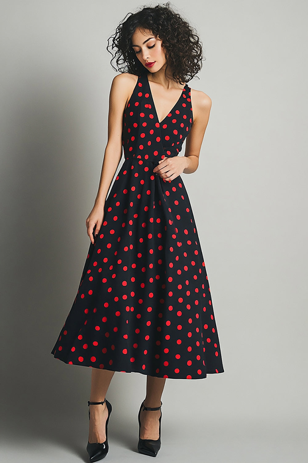 Satin V-Neck  A Line Black and Red Maxi Polka Dot Dress