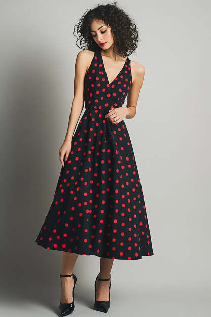 Leely Women Black and Red Satin Maxi Polka Dot Dress A Line V-Neck Vintage Party Dress