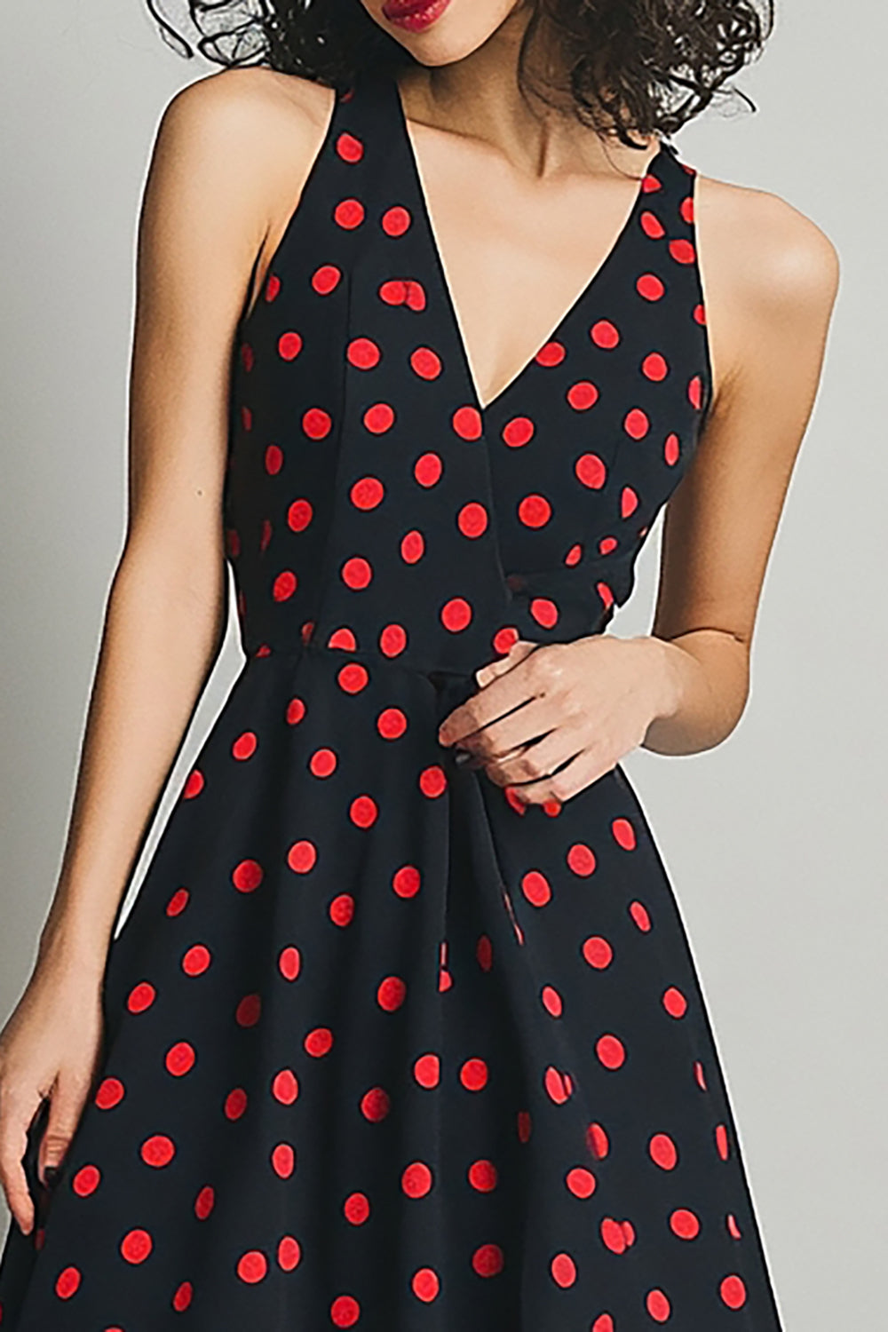 Satin V-Neck  A Line Black and Red Maxi Polka Dot Dress
