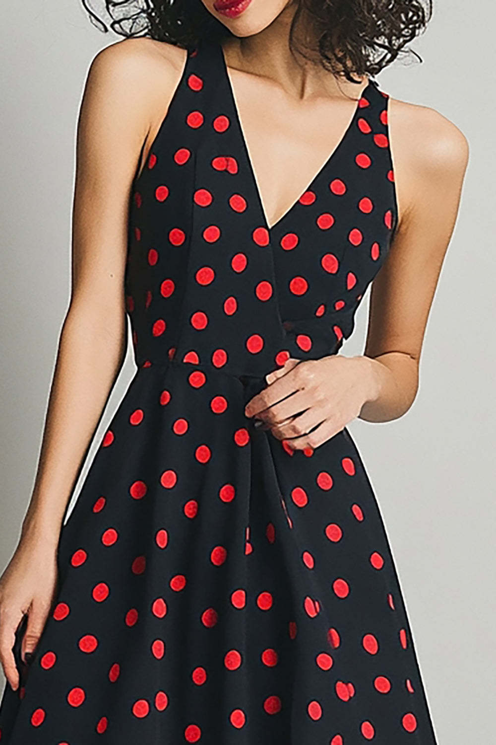 Satin V-Neck  A Line Black and Red Maxi Polka Dot Dress