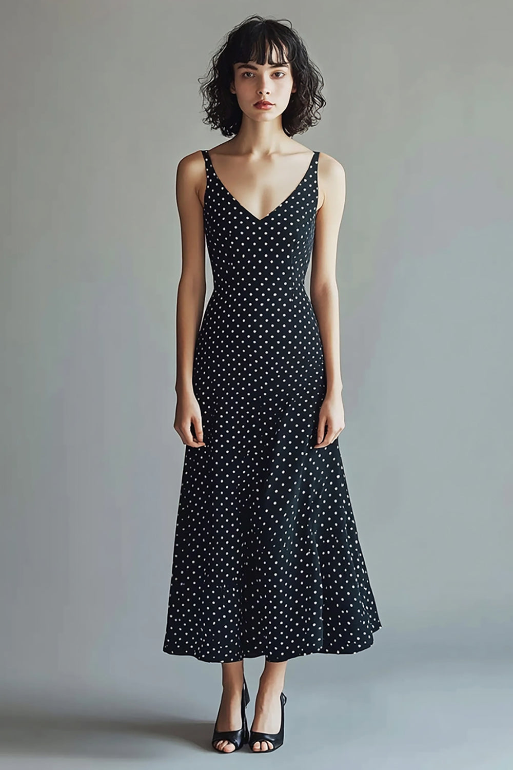 Chiffon Straps Black and White A Line Maxi Polka Dot Dress