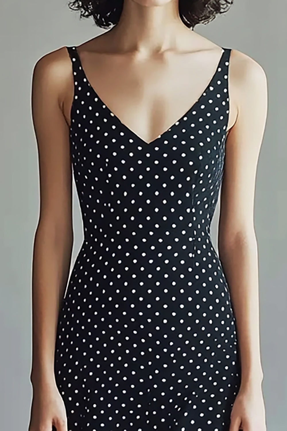 Chiffon Straps Black and White A Line Maxi Polka Dot Dress