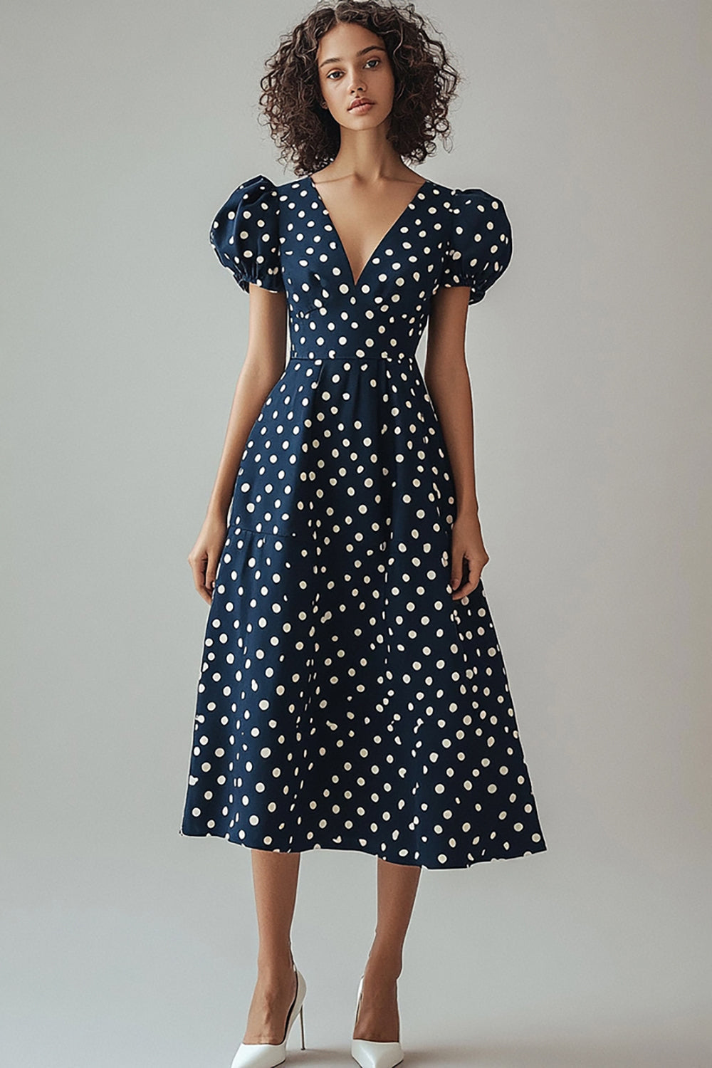 Satin A Line Puff Sleeves Navy and White Boho Maxi Polka Dot Dress