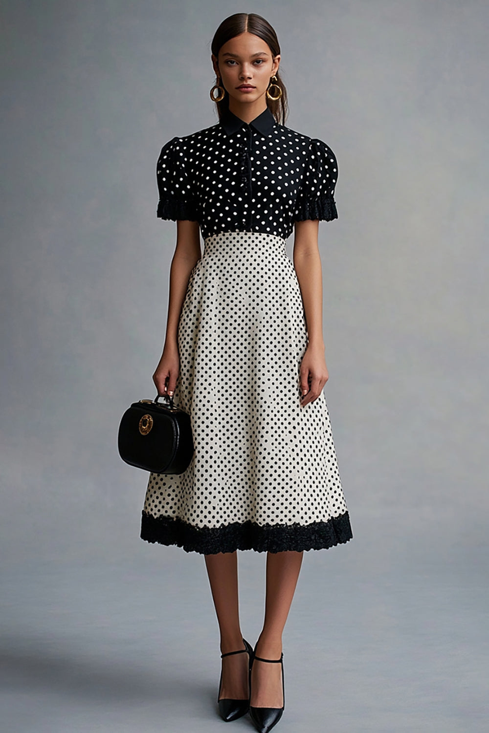 Chiffon Short Sleeves Black and White A Line Midi Polka Dot Dress with Ruffles