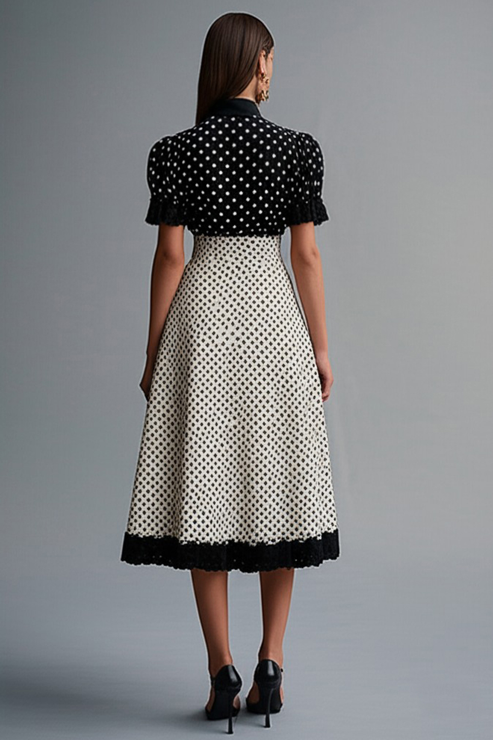 Chiffon Short Sleeves Black and White A Line Midi Polka Dot Dress with Ruffles