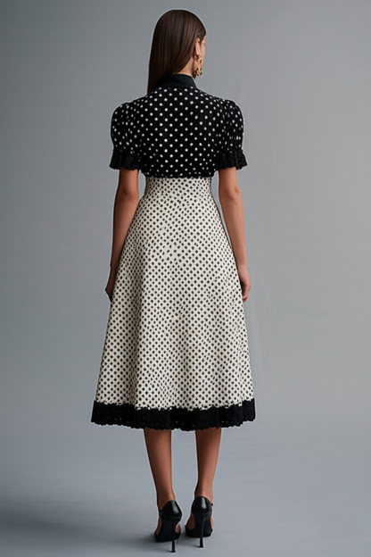 Chiffon Short Sleeves Black and White A Line Midi Polka Dot Dress with Ruffles