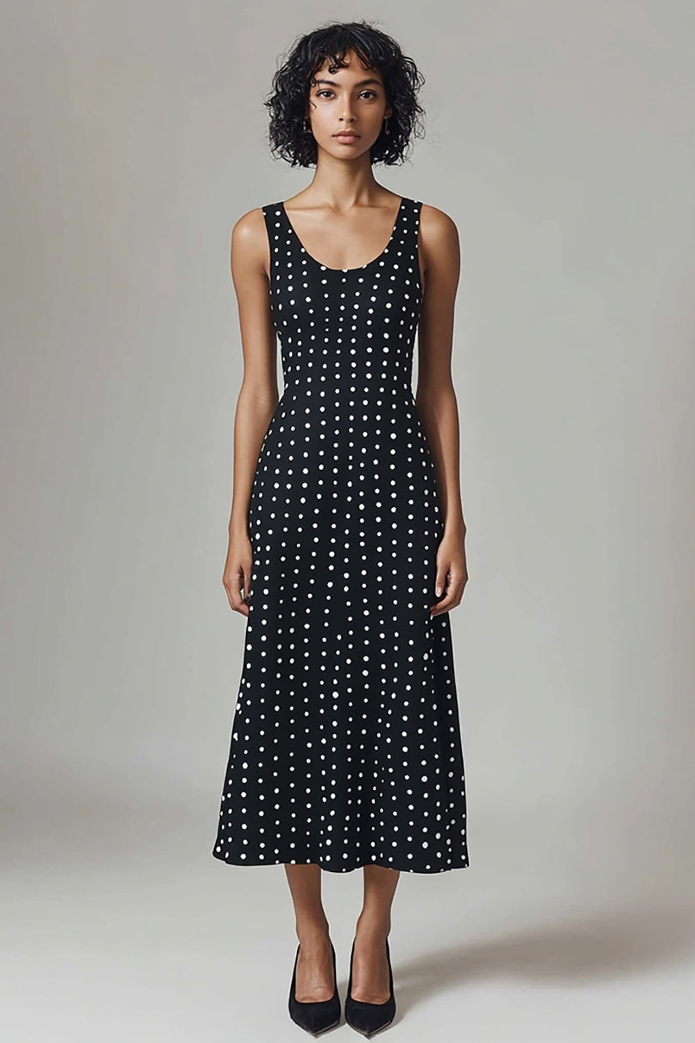 Black and White Scoop Neck Chiffon Maxi A Line Polka Dot Dress