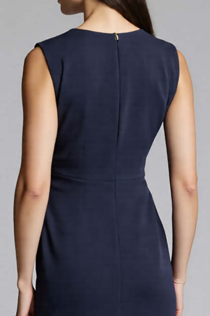 Navy Bodycon Satin V-Neck Midi Work Dress