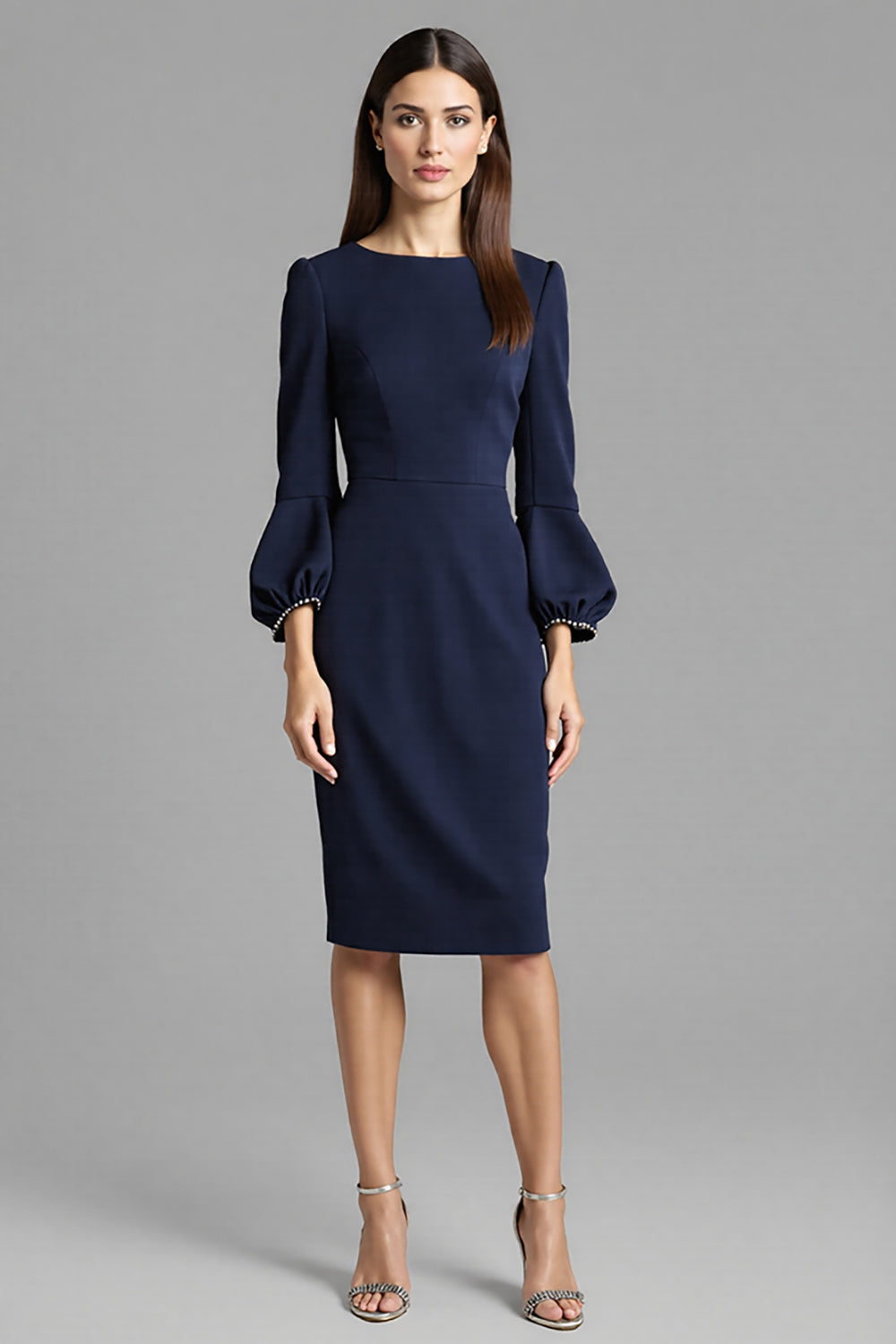 Navy Satin Midi Bodycon Work Dress with Long Sleeves
