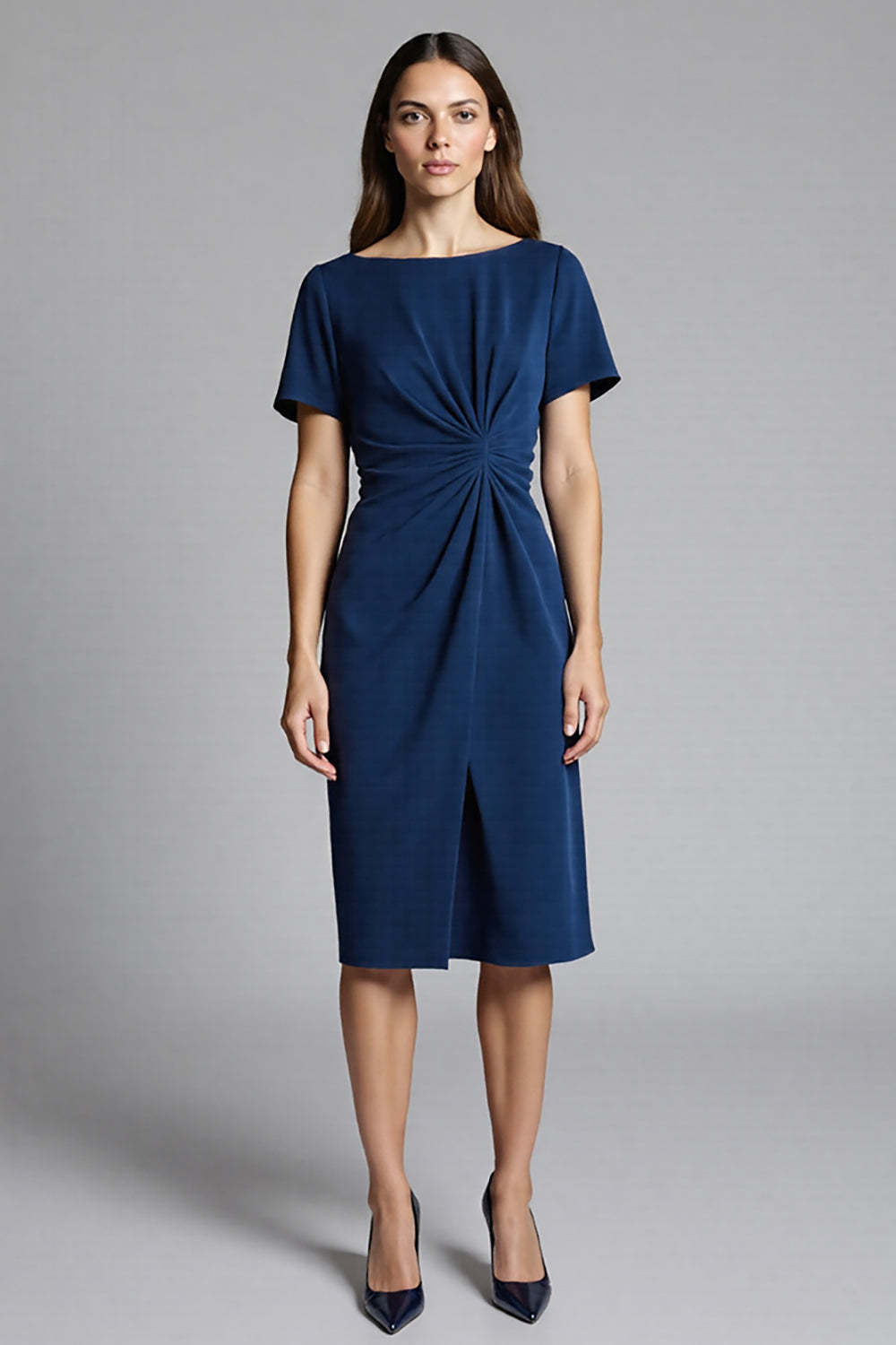 Navy Ruched Bodycon Midi Satin Work Dress