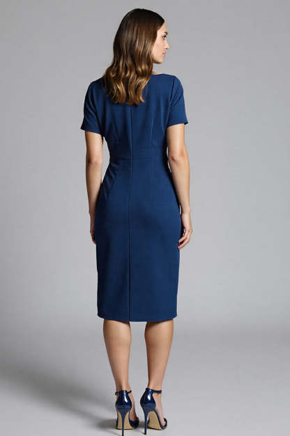 Navy Ruched Bodycon Midi Satin Work Dress