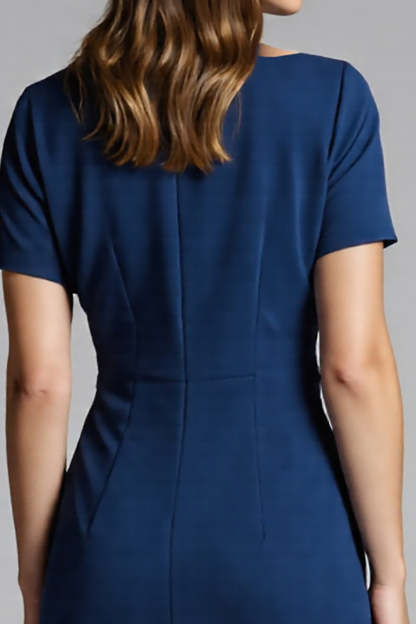 Navy Ruched Bodycon Midi Satin Work Dress