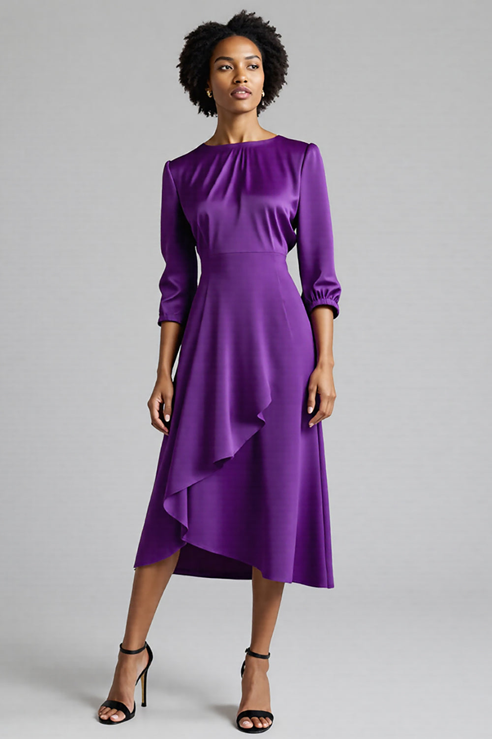 Plum Satin Ruched A Line Midi Work Dress with Sleeves