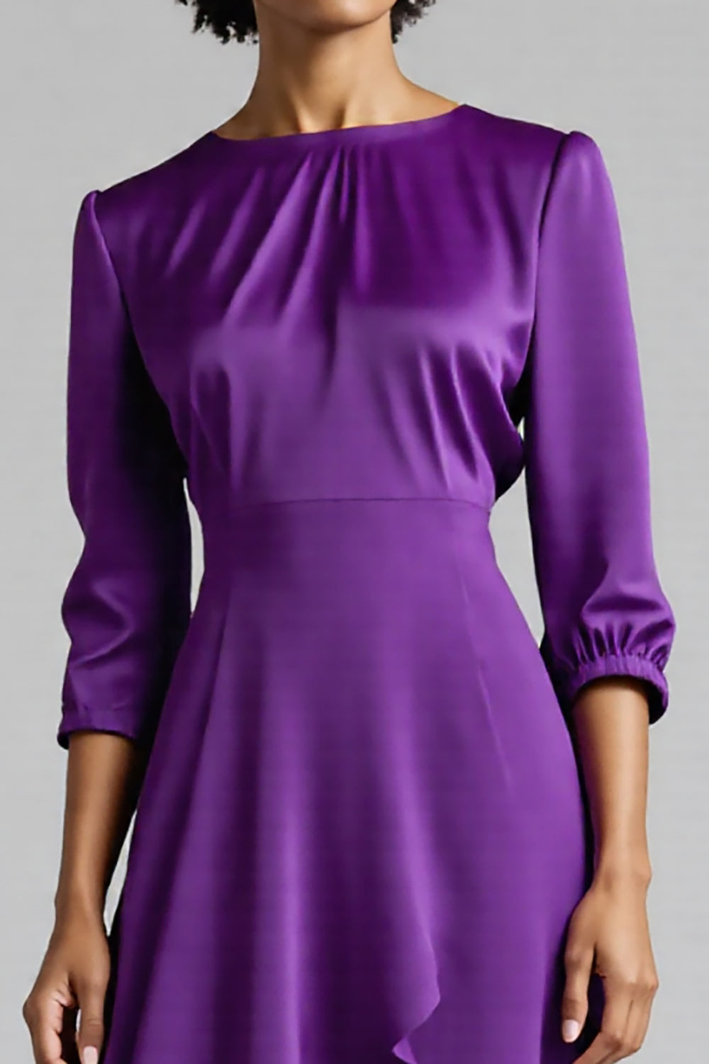 Plum Satin Ruched A Line Midi Work Dress with Sleeves