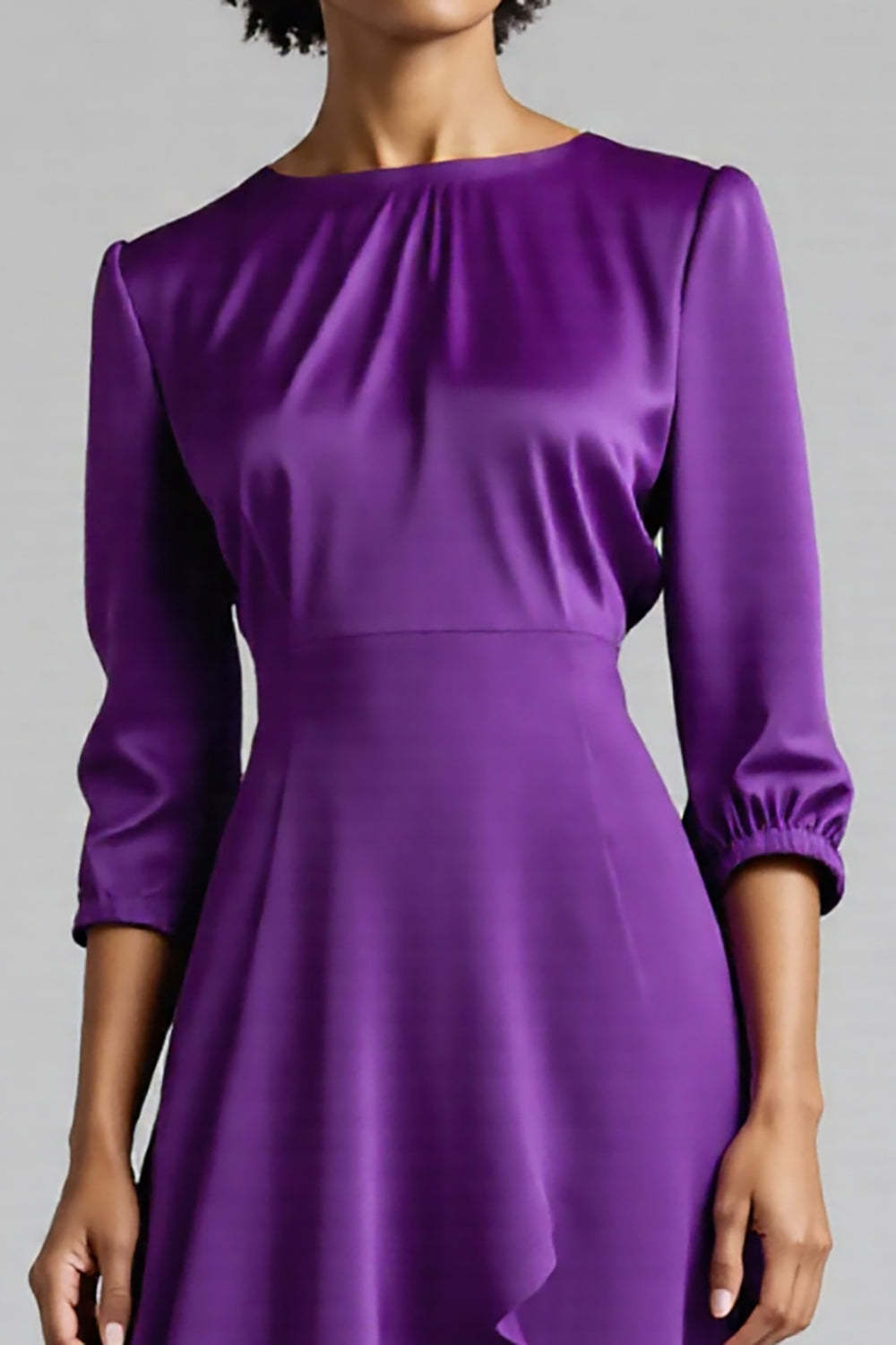 Plum Satin Ruched A Line Midi Work Dress with Sleeves