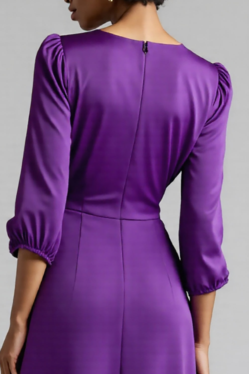 Plum Satin Ruched A Line Midi Work Dress with Sleeves